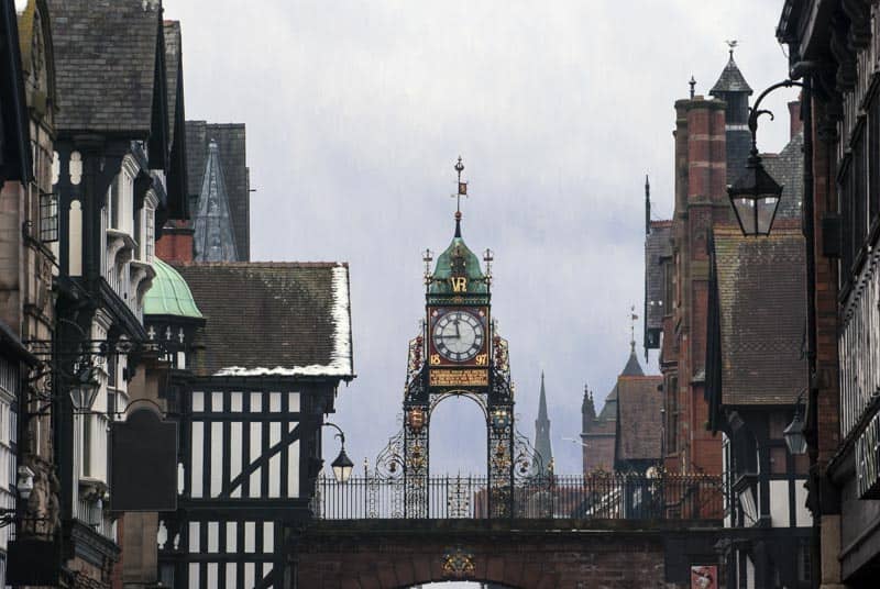 Clock tower above Chester