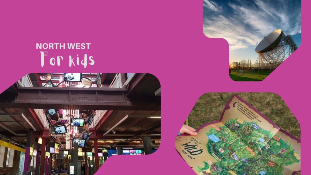 pink/purple background with photos of family attractions and text says North West for kids
