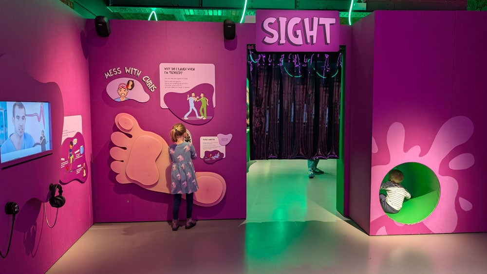 Pink wall in a museum with a foot illustration and a sign that says sight