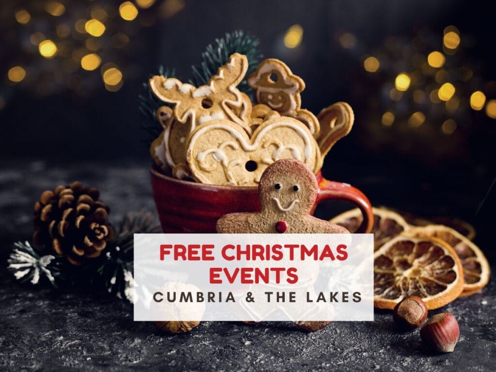 Christmas gingerbread biscuits in a red mug, fairy lights in the background. Text reads free Christmas events Cumbria & the Lakes