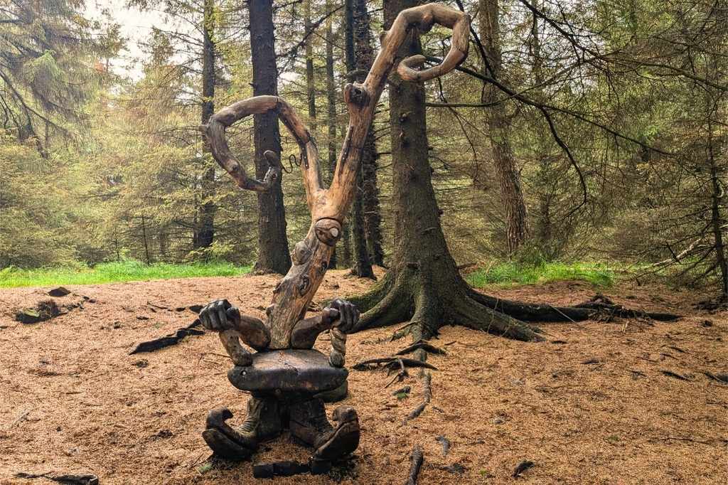 Wooden chair sculpture in the woods