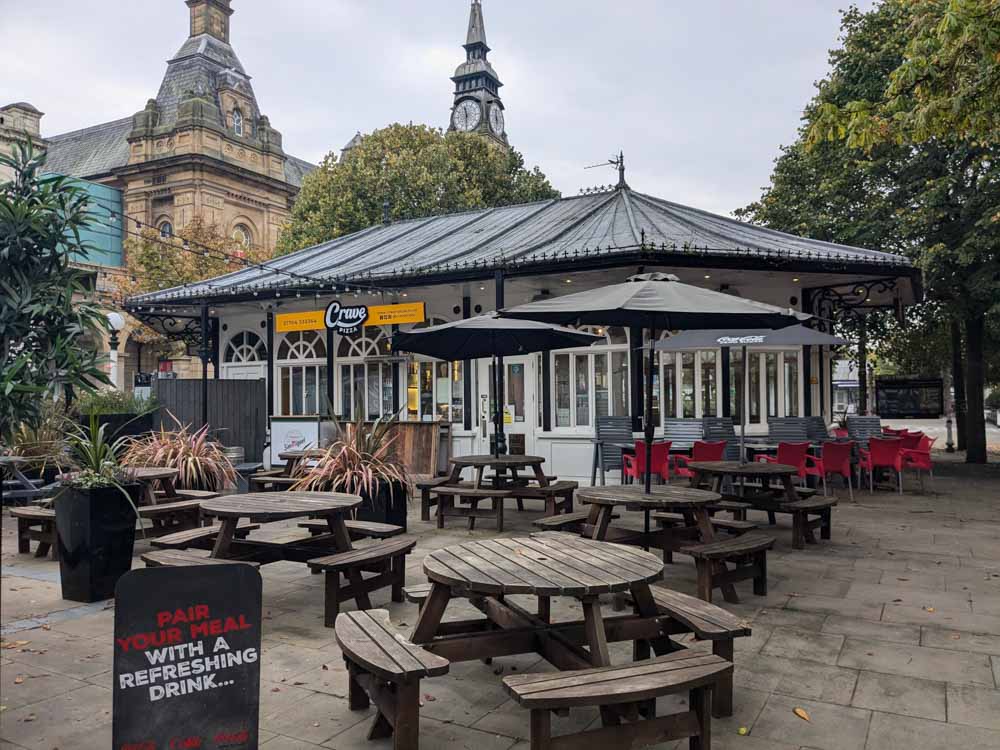 Outdoor seating area in front of a cafe