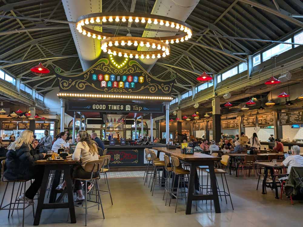 inside a restaurant themed like a traditional funfair