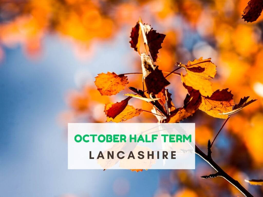 Golden autumn leaves close up on a branch with blue sky behind. Text reads October half term Lancashire