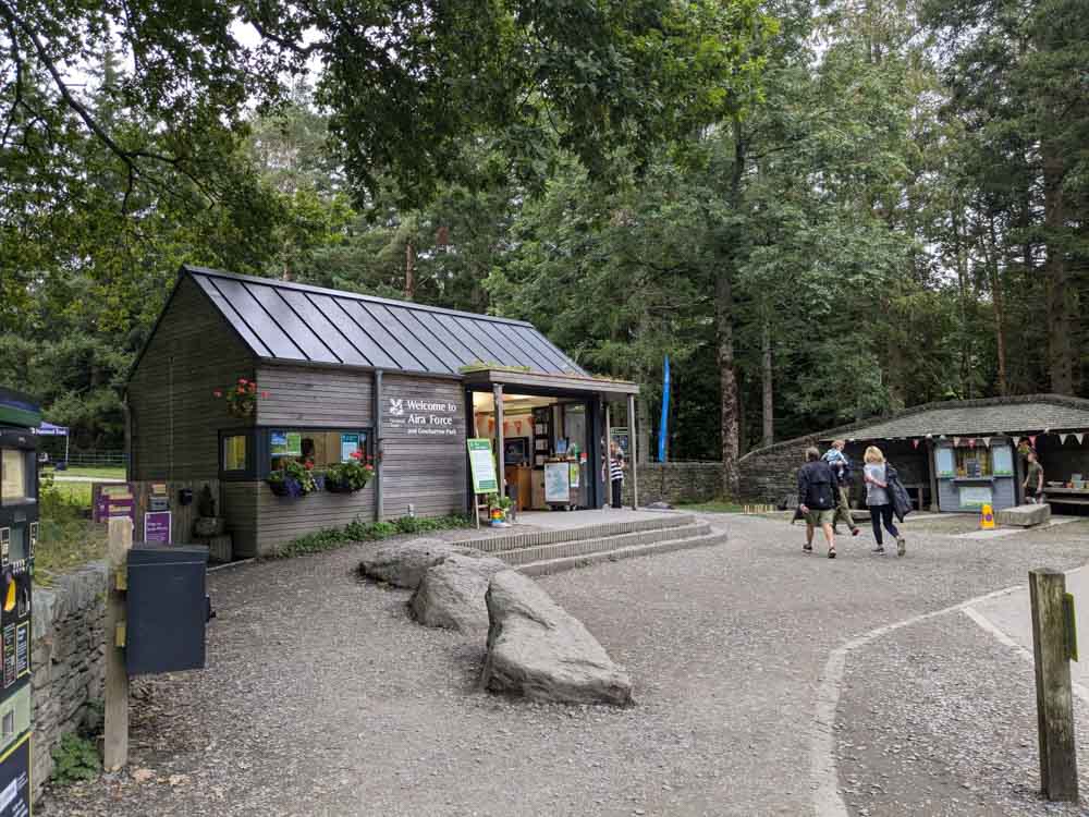 Wooden cabin at the edge of the woods and pavement in front