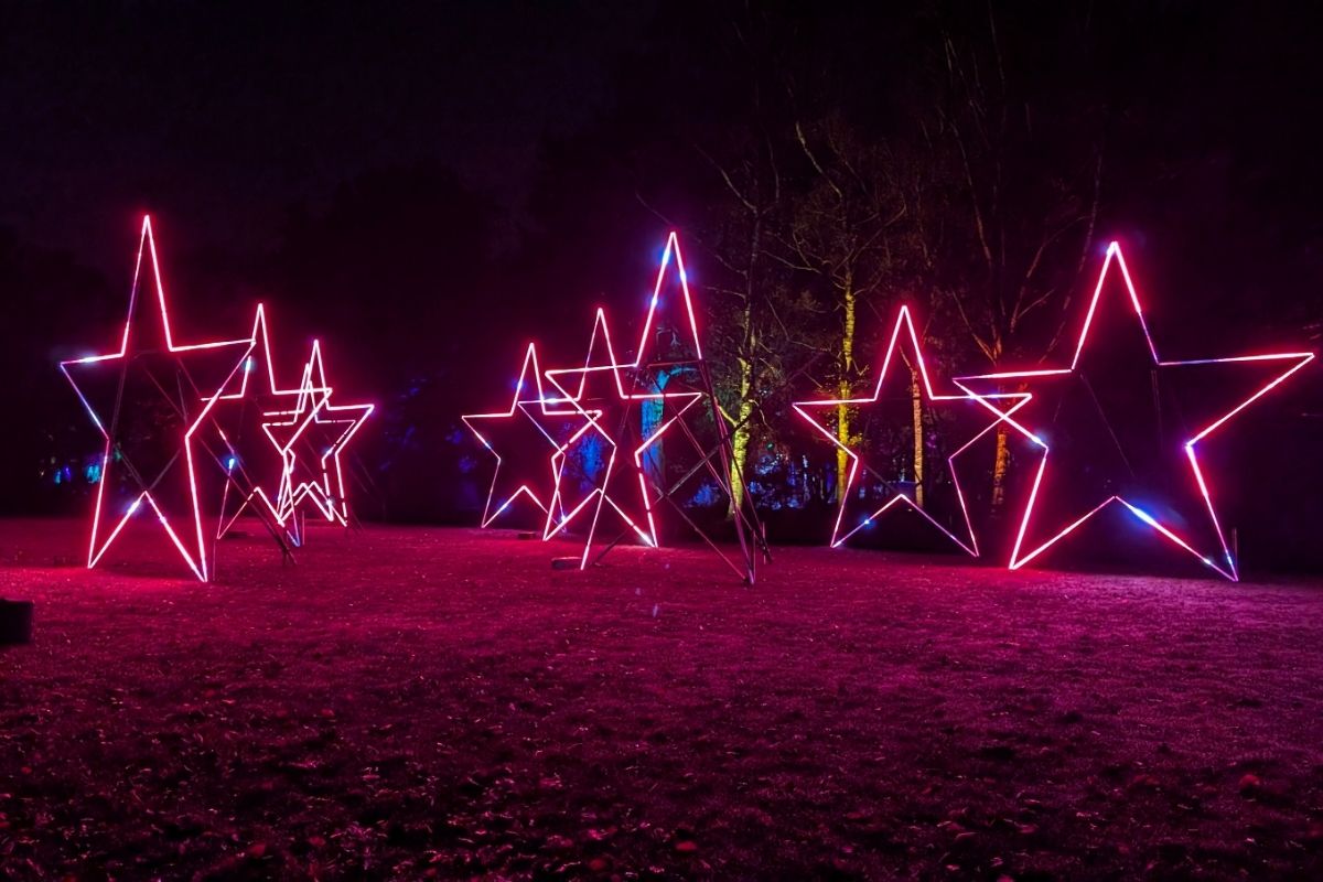 She Knows Alt Text said:A field at night is decorated with large neon star sculptures glowing in shades of pink, red, and purple. The illuminated stars vary in size and are arranged in a loose cluster, casting colorful reflections on the grass and adding a futuristic glow to the surrounding trees.