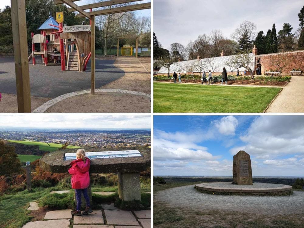 4 photos of playgrounds, gardens, a child on a hill