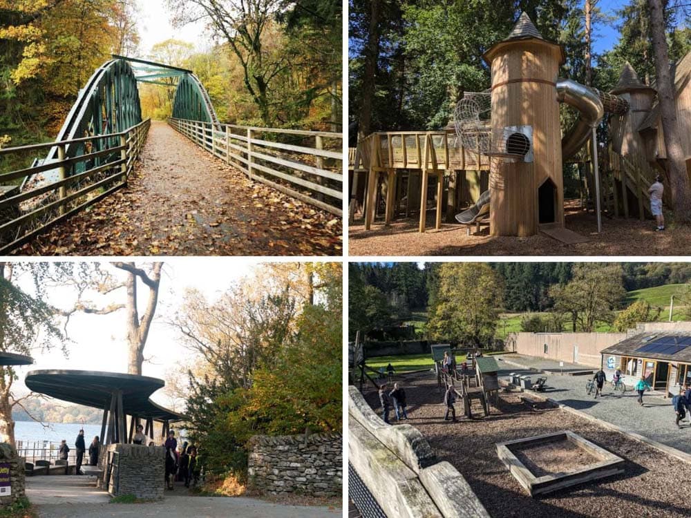 4 photos of paths, bridges and playgrounds