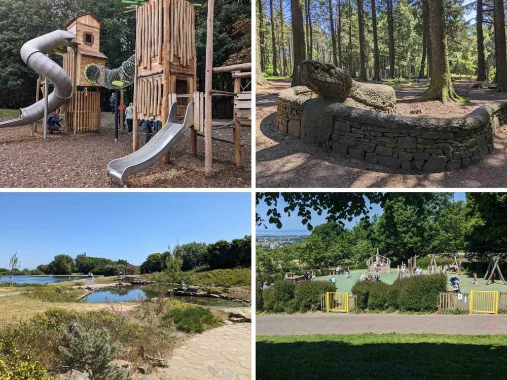 4 photos of playgrounds, sculptures and a lake