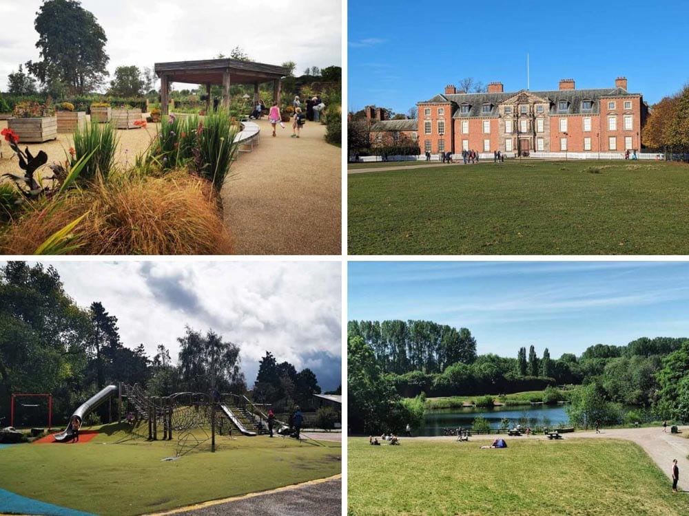 4 photos of parks, stately homes and a lake
