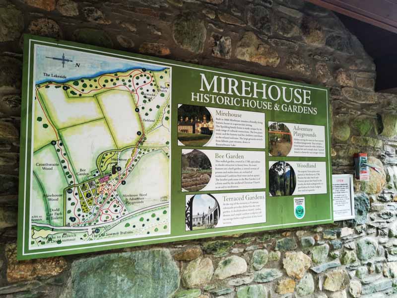 Board with a map and details of Mirehouse and grounds