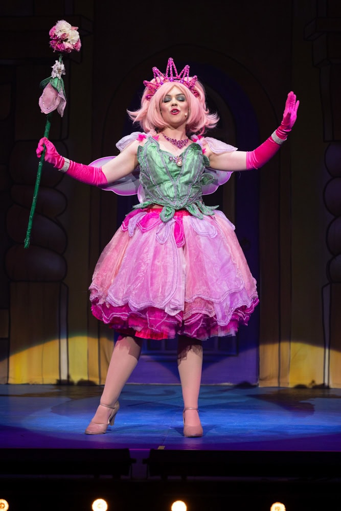 Panto fairy in pink and green dress