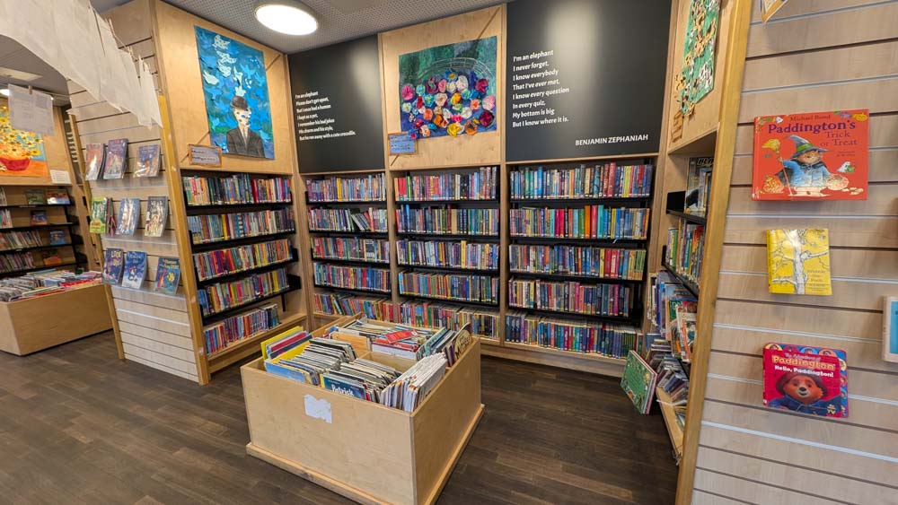 Book cases and low boxes of books in a childrens library