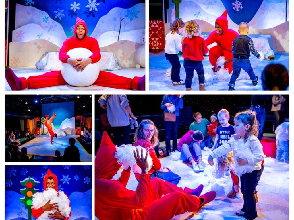 A performer in a bright red elf costume interacts joyfully with young children on a snowy-themed stage, surrounded by artificial snow, playful props, and a whimsical winter backdrop. The collage captures scenes of laughter, handstands, and hands-on play, creating an immersive and festive theatrical experience for kids and families.