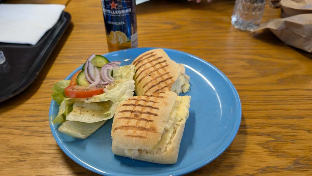 Panini and salad on a blue plate on a table