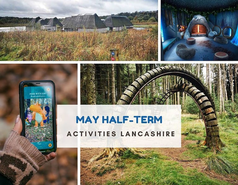Photos of zog on a mobile, play area, arch of wood in a forest. Text reads May Half-term activities Lancashire