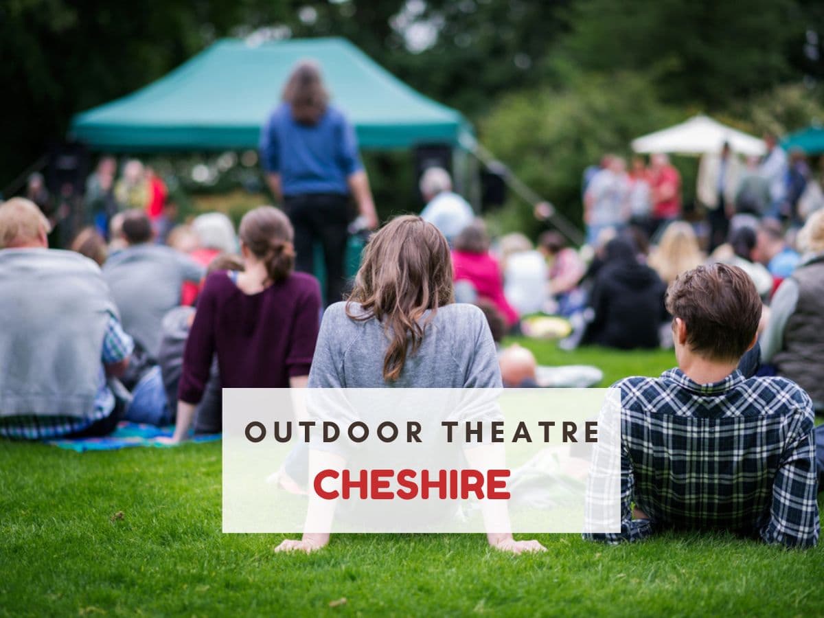 People sat on the grass. Text reads outdoor theatre Cheshire