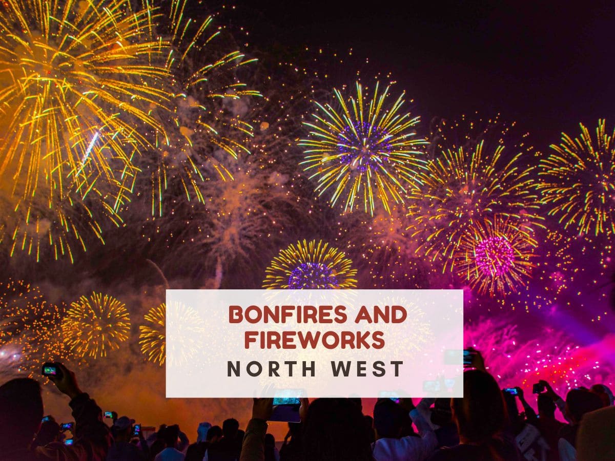 Fireworks in the night sky and shadows of people at the bottom of the image. Text reads bonfires and fireworks North West