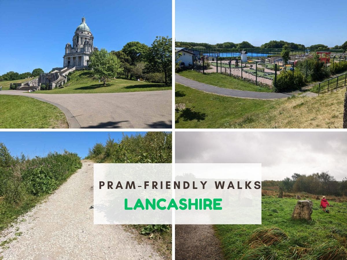 4 photos of pram friendly paths. Text reads pram friendly walks Lancashire
