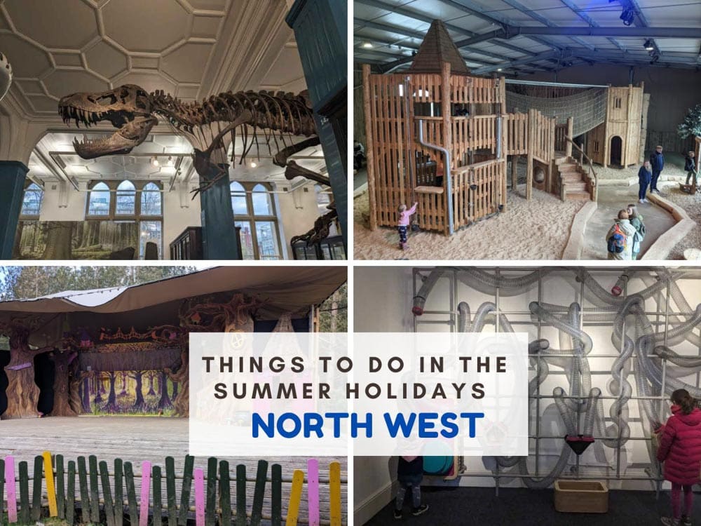 4 photos of different days out and text reads things to do in the summer holidays North West