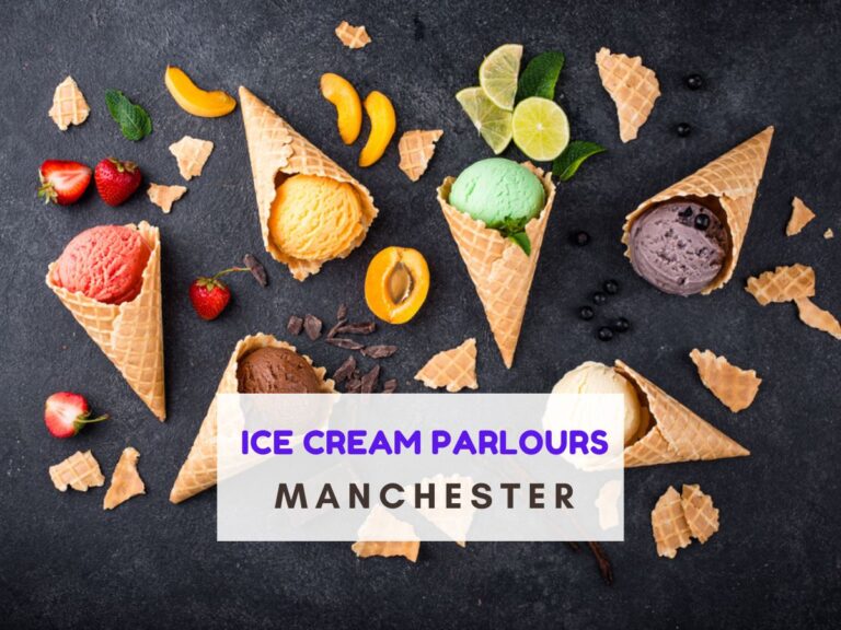 Black background with cones of different coloured ice cream and lots ofruit scattered too. Text reads ice cream parlours Manchester