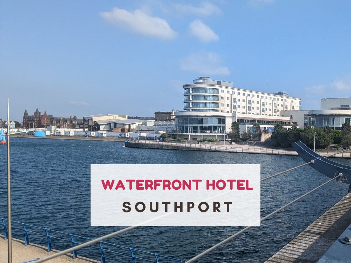 White hotel on waterfront. Text says Waterfront Hotel Southport review