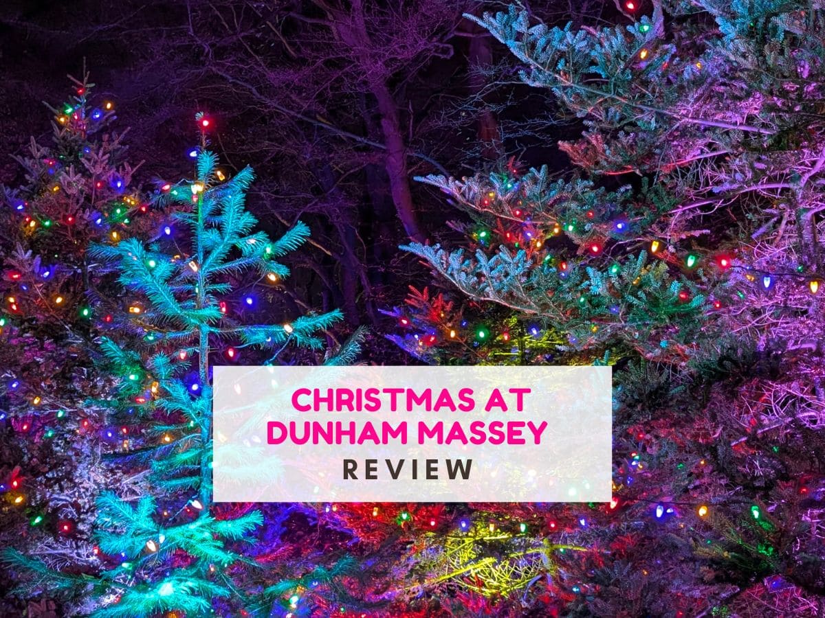 Colorful Christmas trees adorned with multicolored string lights glow brightly against a dark forest backdrop. In the center, a translucent white banner reads “Christmas at Dunham Massey Review” in bold pink and black text, making the image festive and promotional.