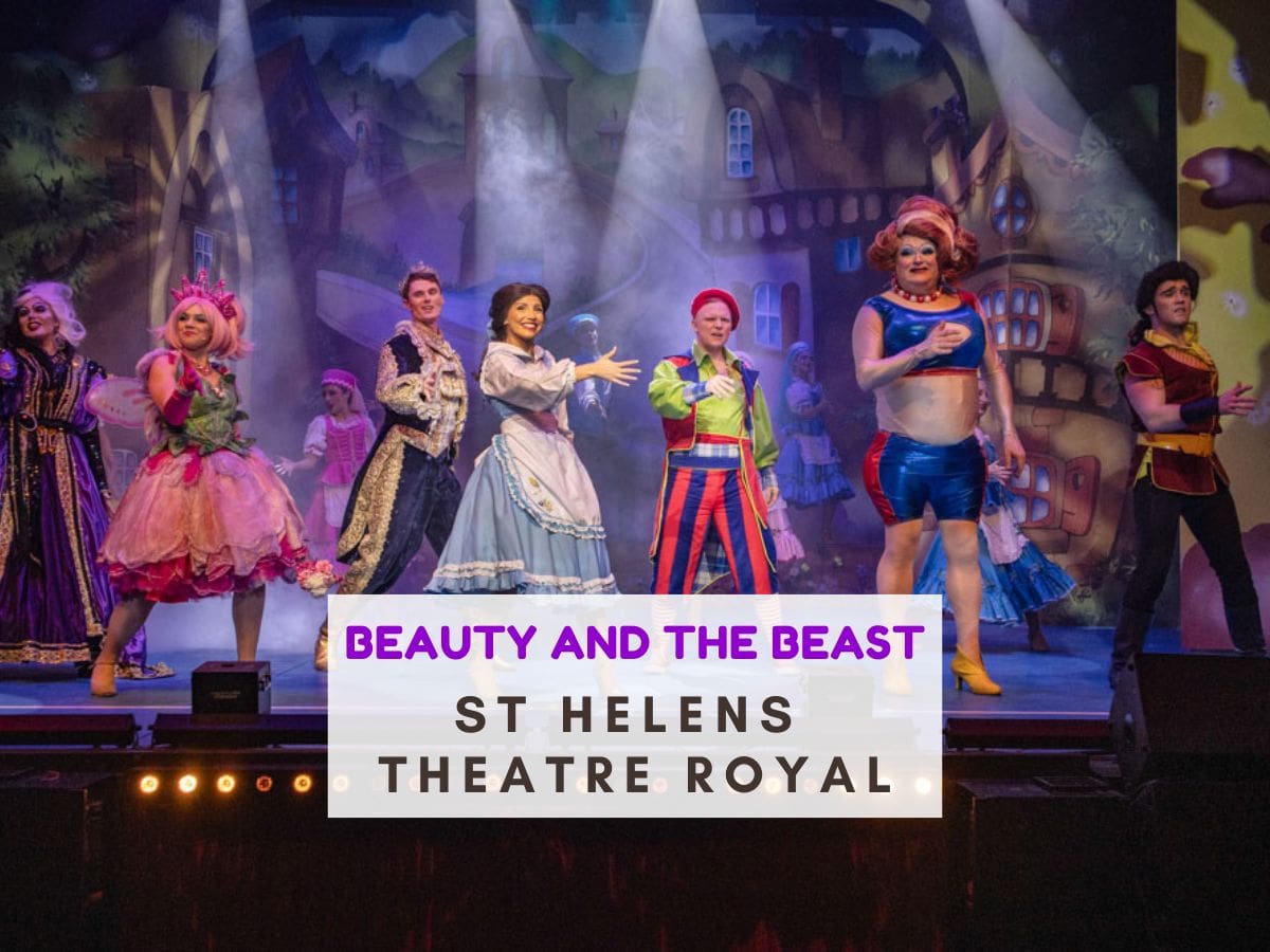 Cast of a panto on stage. Text reads Beauty and the beast St Helens theatre royal