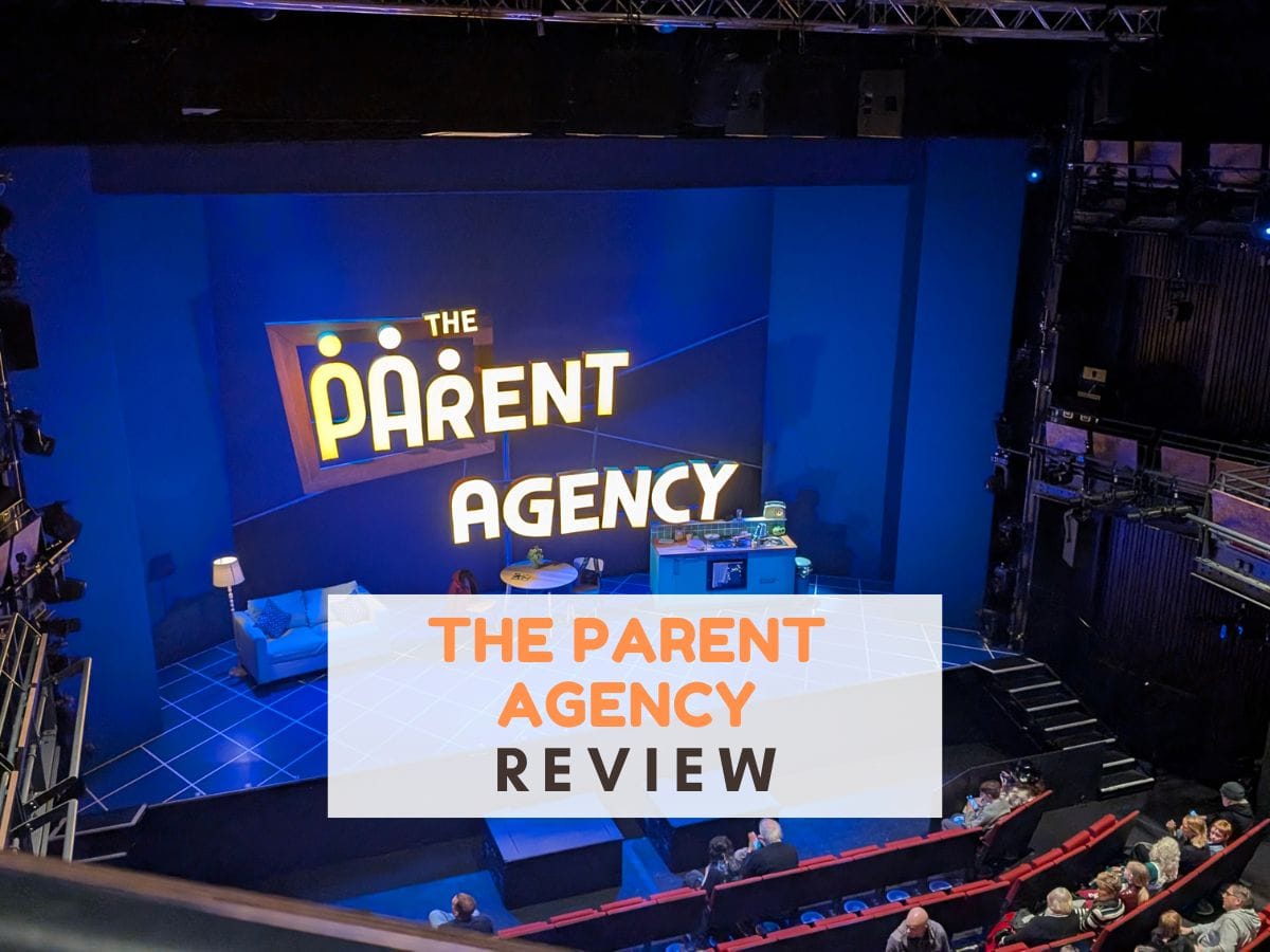 Stage with a sofa, dining table and small kitchen, text reads The Parent Agency review