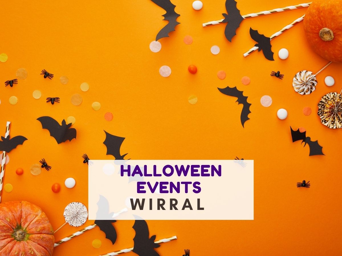 Bright orange Halloween-themed background decorated with paper bats, small spiders, confetti, striped straws, and pumpkins. Text in the center reads “Halloween Events Wirral.”