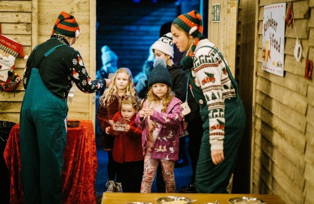 Family and people dressed as elves in a wooden hut