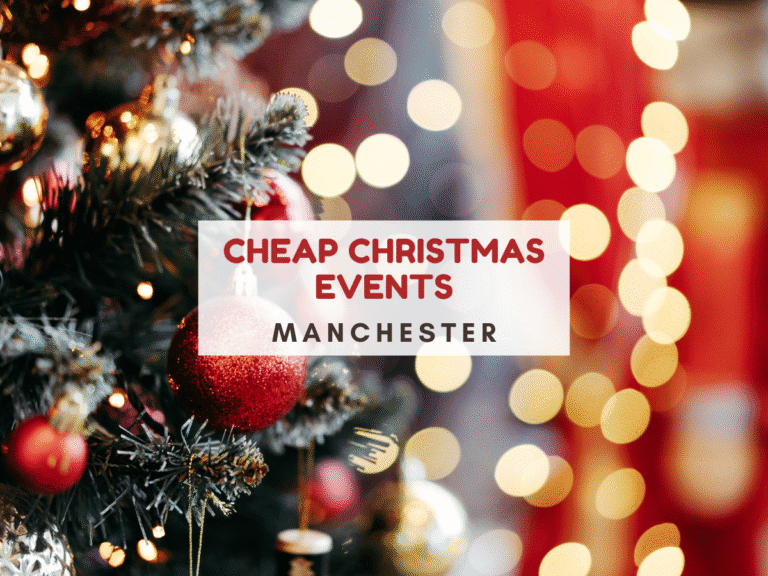 Close-up of a decorated Christmas tree with red and gold ornaments, set against a background of festive bokeh lights. Overlaid text reads "Cheap Christmas Events Manchester" in bold red and black fonts.