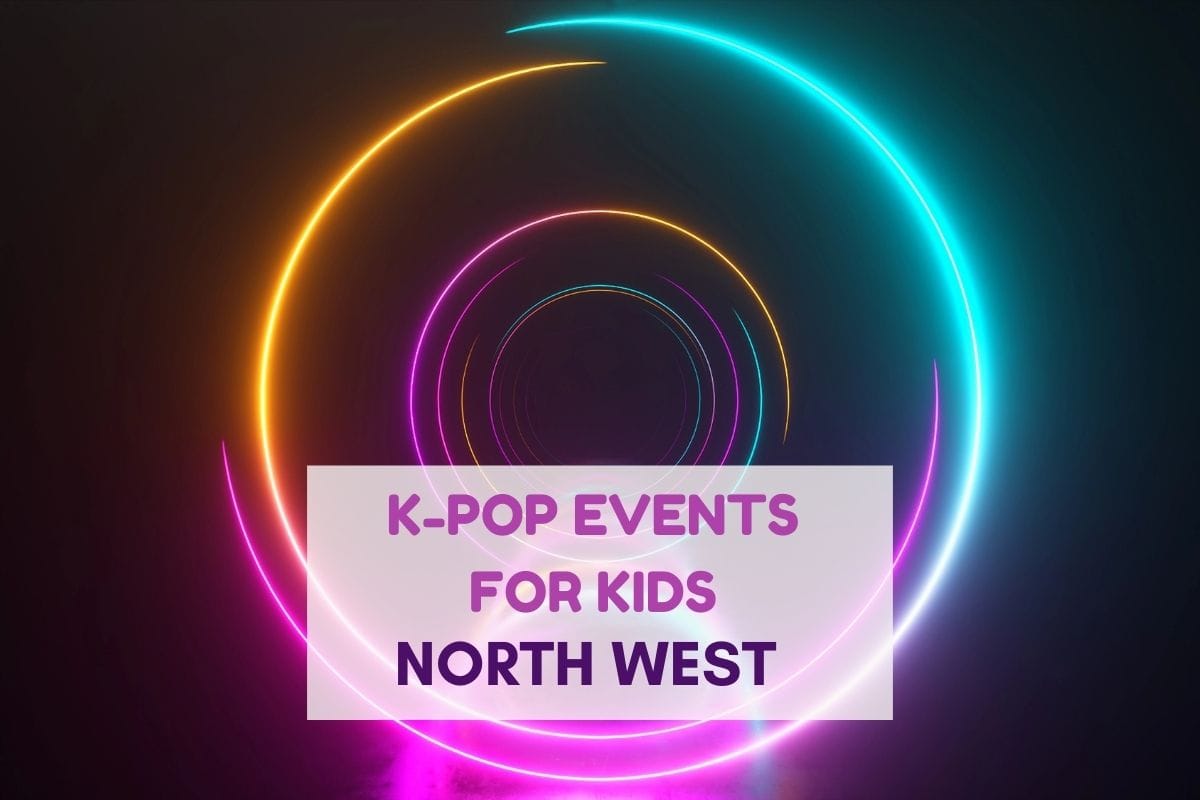 Colorful neon light rings in pink, yellow, and blue glow against a dark background with bold purple text in the center that reads “K-Pop Events for Kids North West.” The vibrant design gives a fun, energetic feel aimed at promoting youth K-pop events in the North West region.