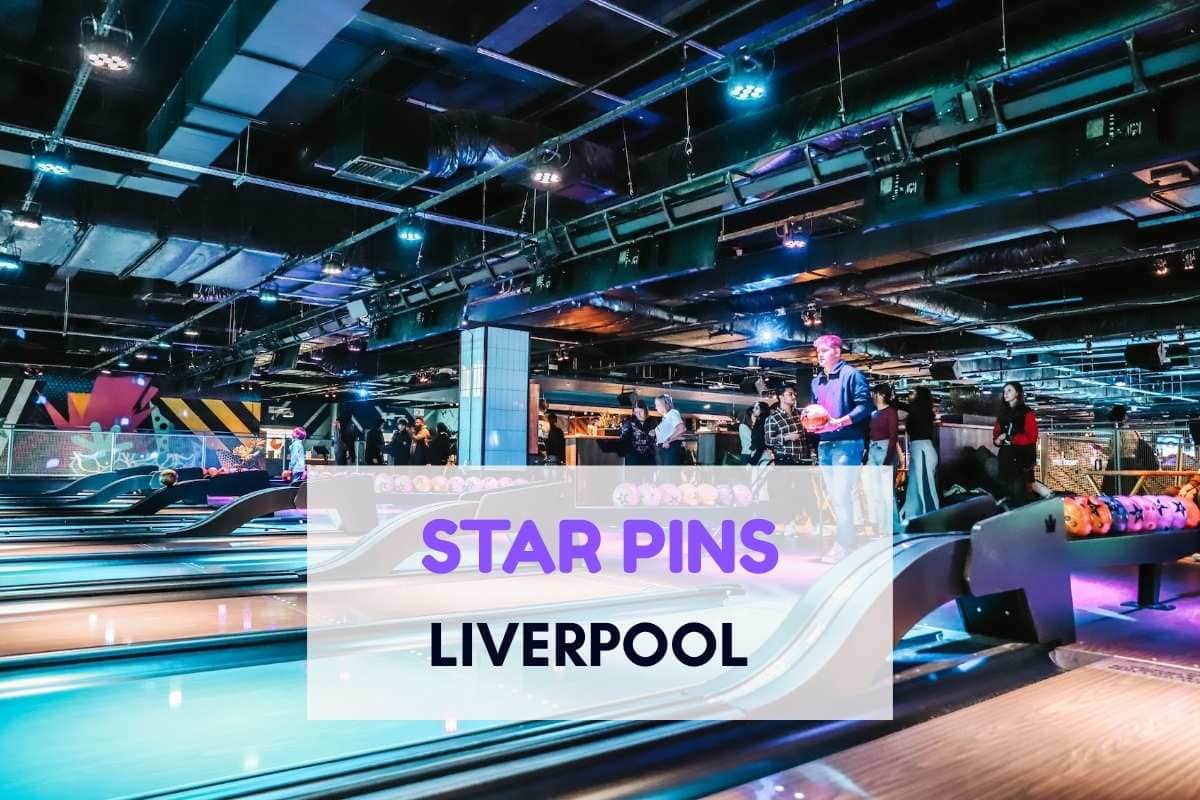 A lively bowling alley with neon lighting and several people playing and socializing, featuring multiple lanes and colorful bowling balls. Text overlay reads “Star Pins Liverpool,”