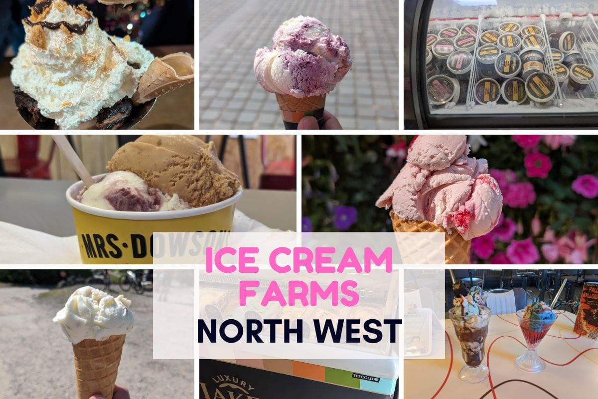 Collage featuring ice cream farms North West with photographs of hand scooped ice cream cones, sundaes, tubs of ice cream in a freezer display, and dessert glasses. Pink text in the center reads "ICE CREAM FARMS NORTH WEST" highlighting a selection of farm based ice cream destinations and treats across the region.