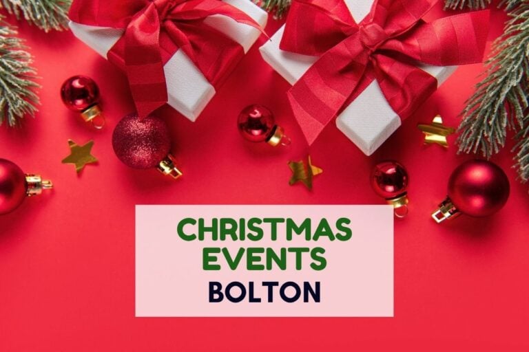 Christmas presents wrapped with red ribbons, red baubles, gold stars, and evergreen branches on a bright red background. A central sign reads "CHRISTMAS EVENTS BOLTON".